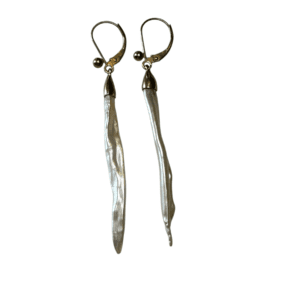 Long pearl drop earrings, gold hooks.